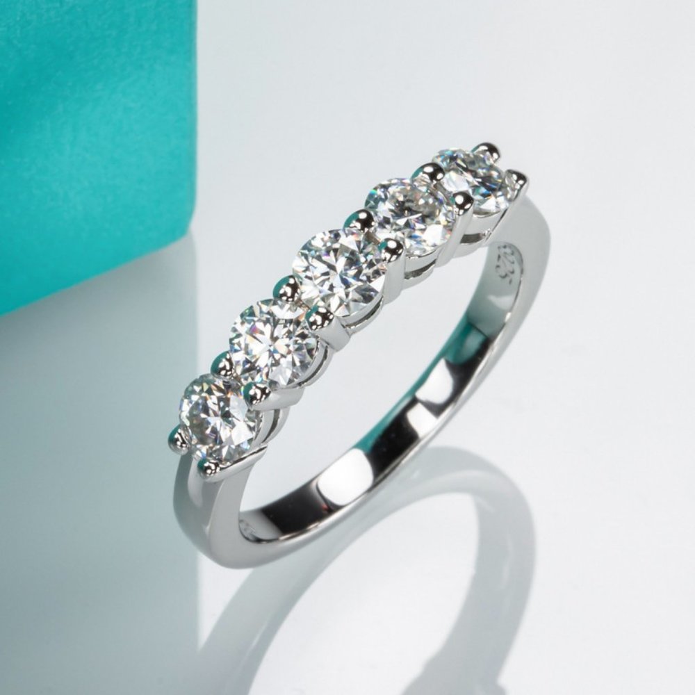 Certified 1.5 ct. t.w. Moissanite Diamond 5 Stone Half Eternity Band Ring NEW - Picture 7 of 12